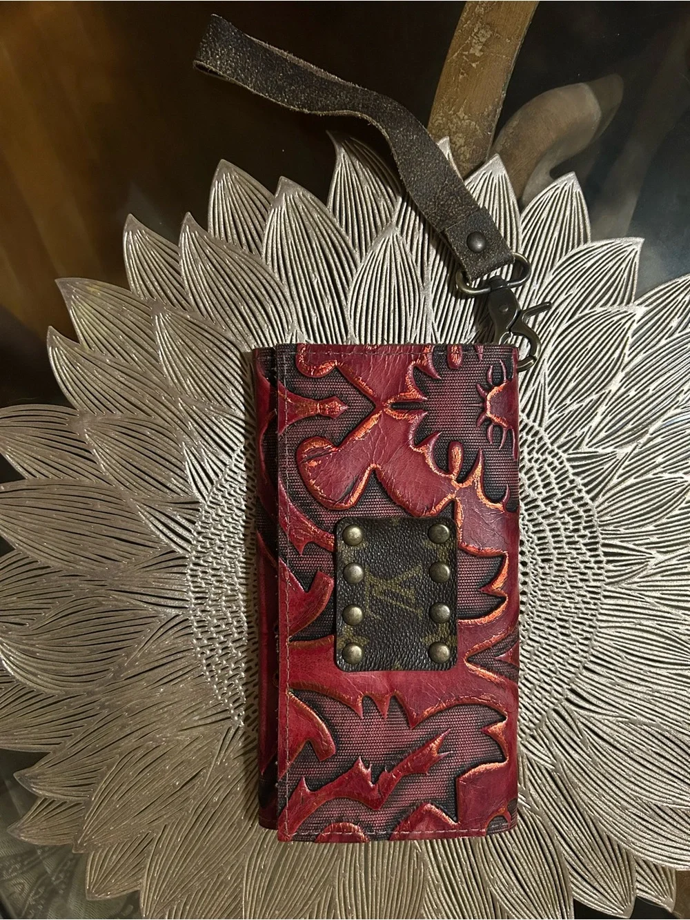 Red Embossed Leather Wristlet Wallet - Designer Style